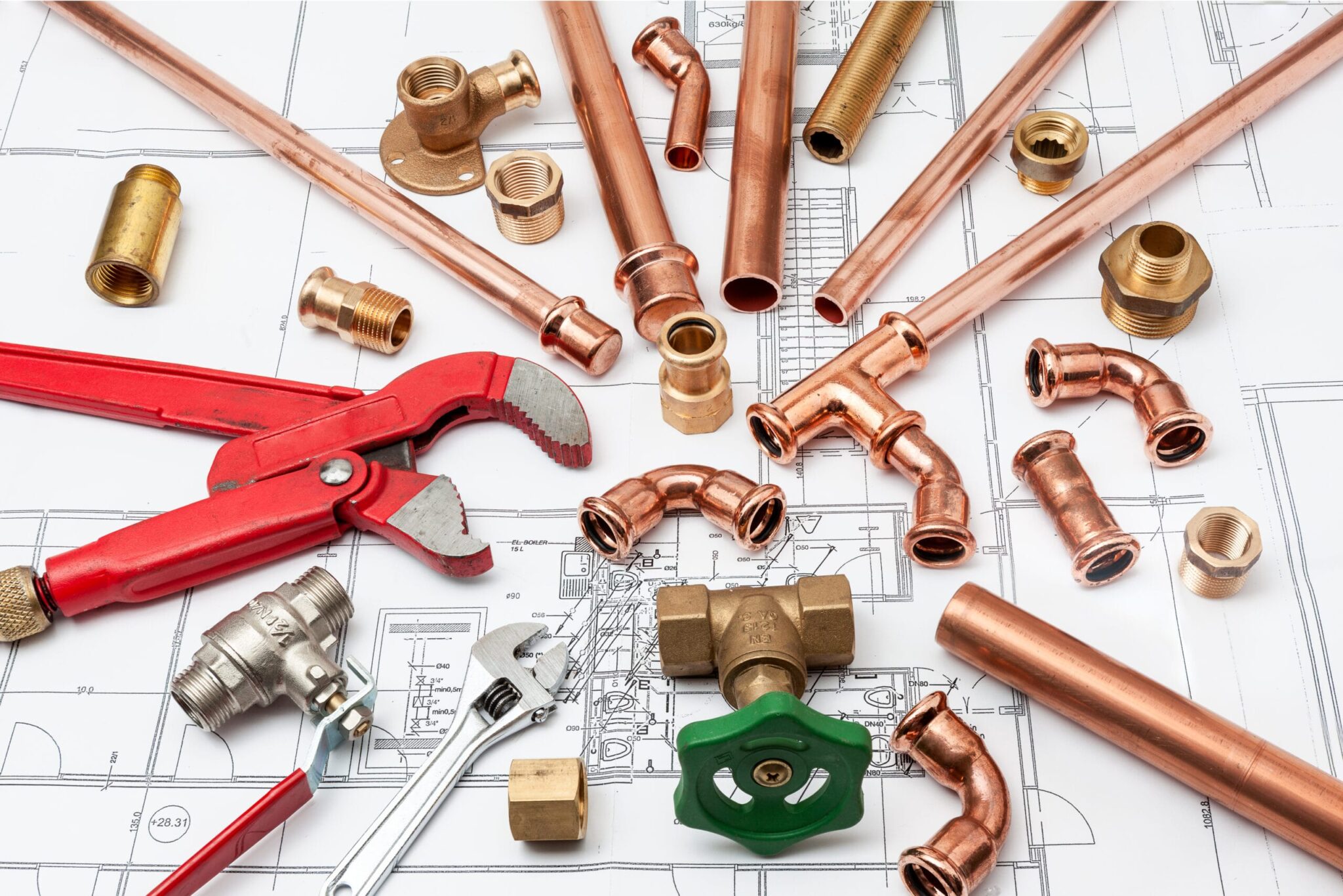 Copper pipes, fittings, valves, and plumbing tools in Miami Beach