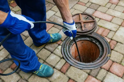 Plumber cleaning an outdoor sewer drain in Miami Beach