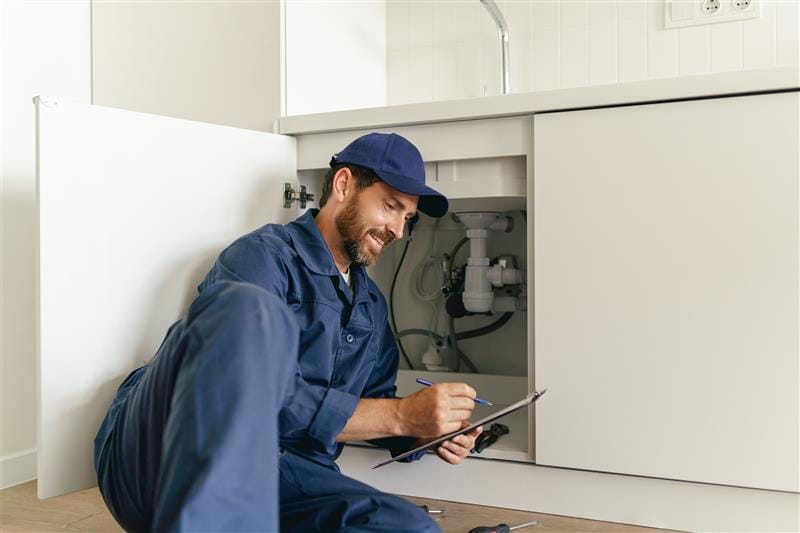 Residential plumber reviewing plumbing repairs in a Miami Beach kitchen