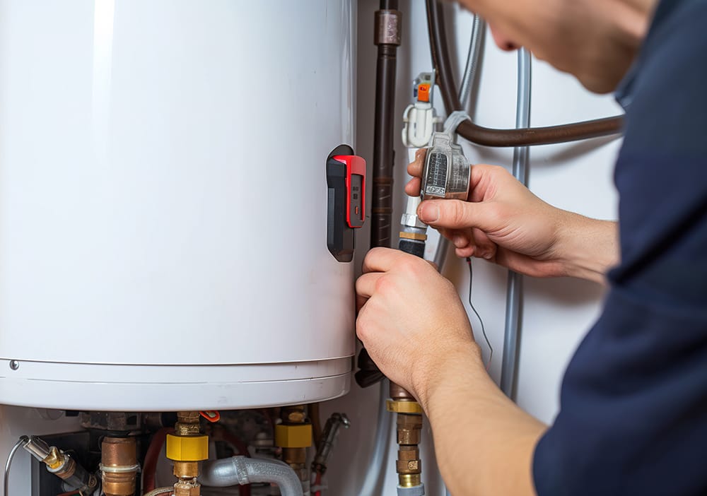 Technician repairing pipes connected to a water heater in Miami Beach
